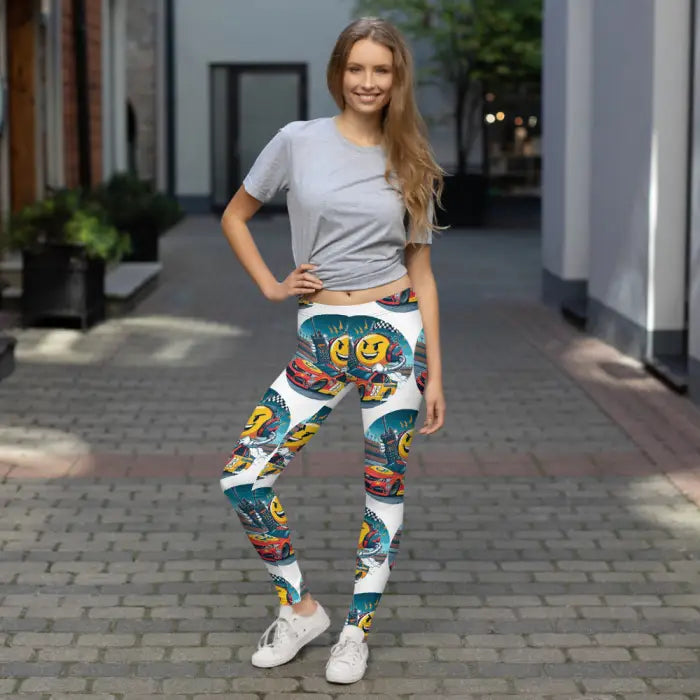 Woman wearing patterned leggings.