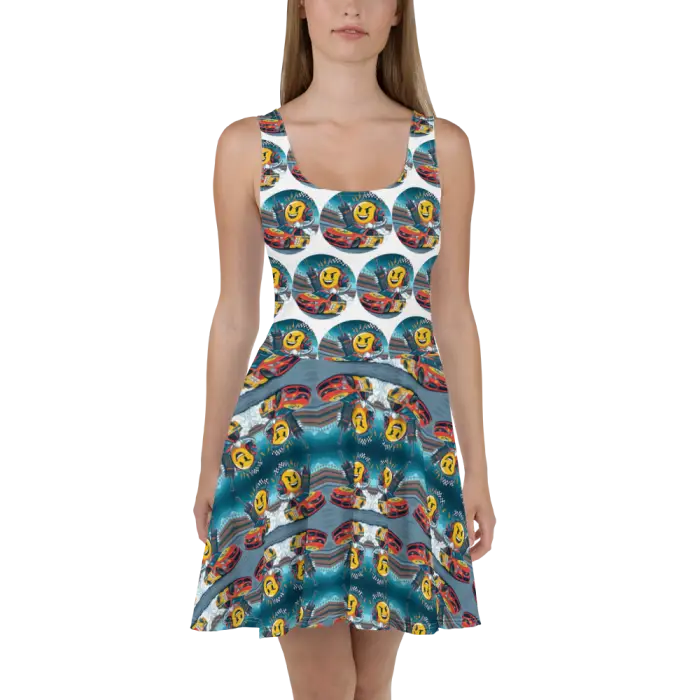 Patterned skater dress.