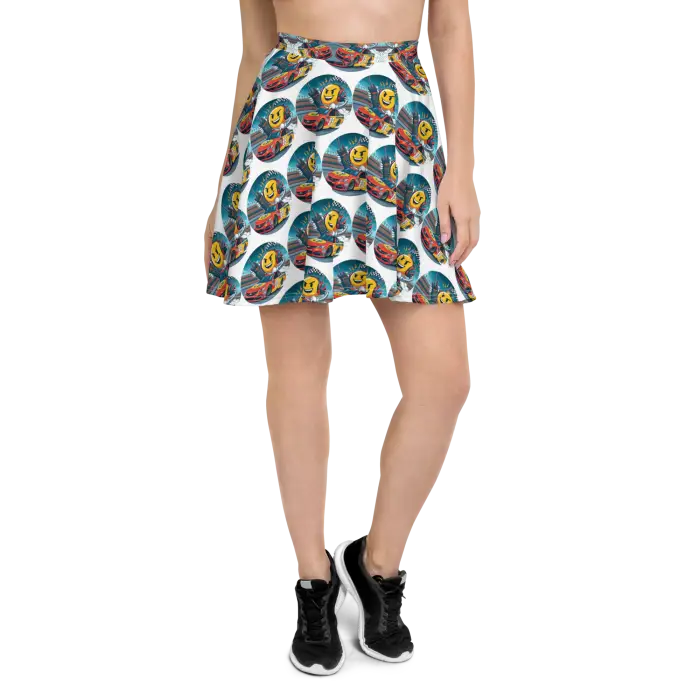 Patterned skater skirt.