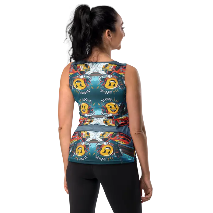 Woman’s racer-themed tank top.