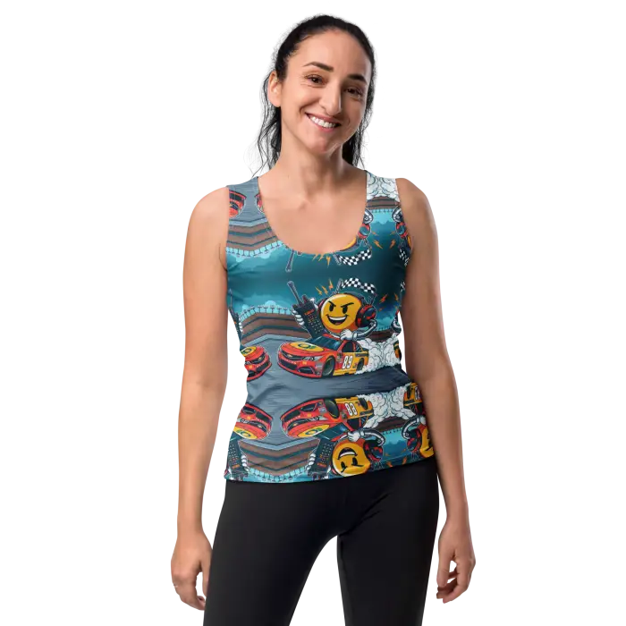 Woman wearing a patterned tank top.