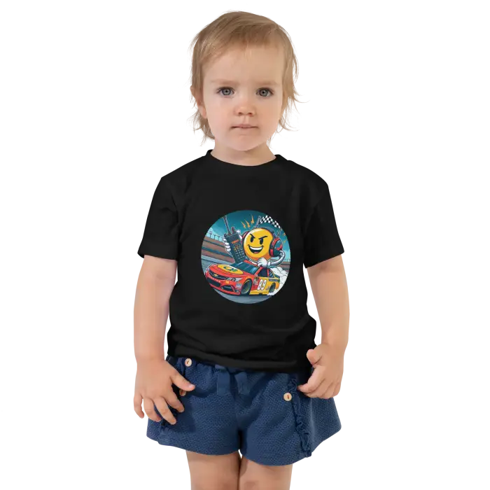 Child’s black t-shirt with racing graphic.