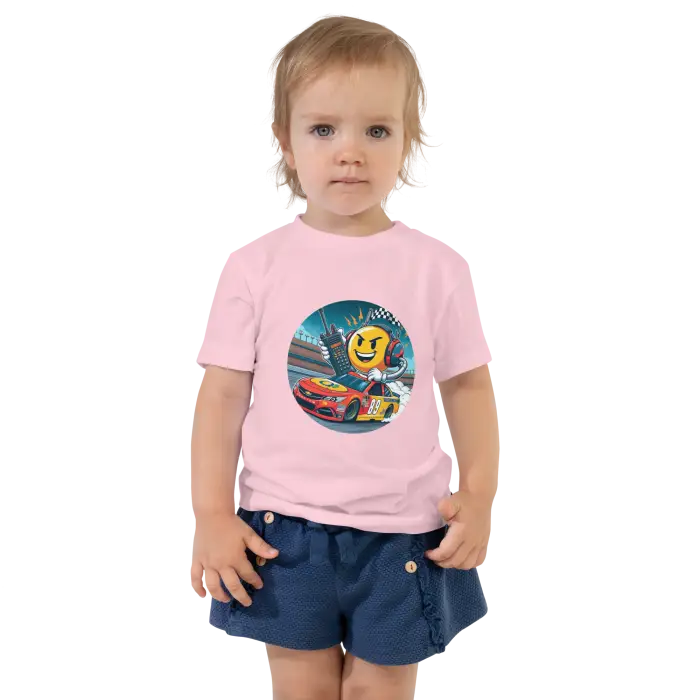 Child’s pink t-shirt with race car graphic.