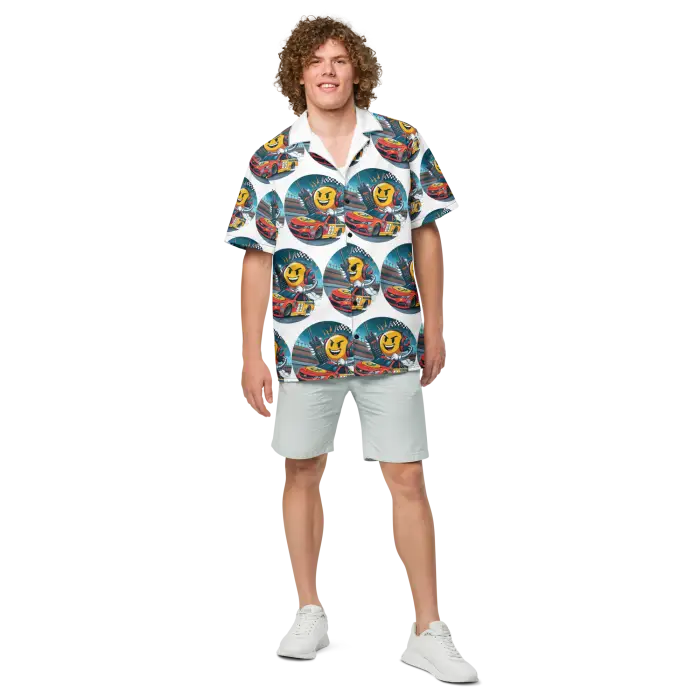 Man in patterned shirt and shorts.