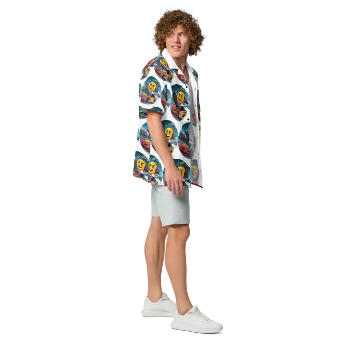 Man in patterned shirt and shorts.