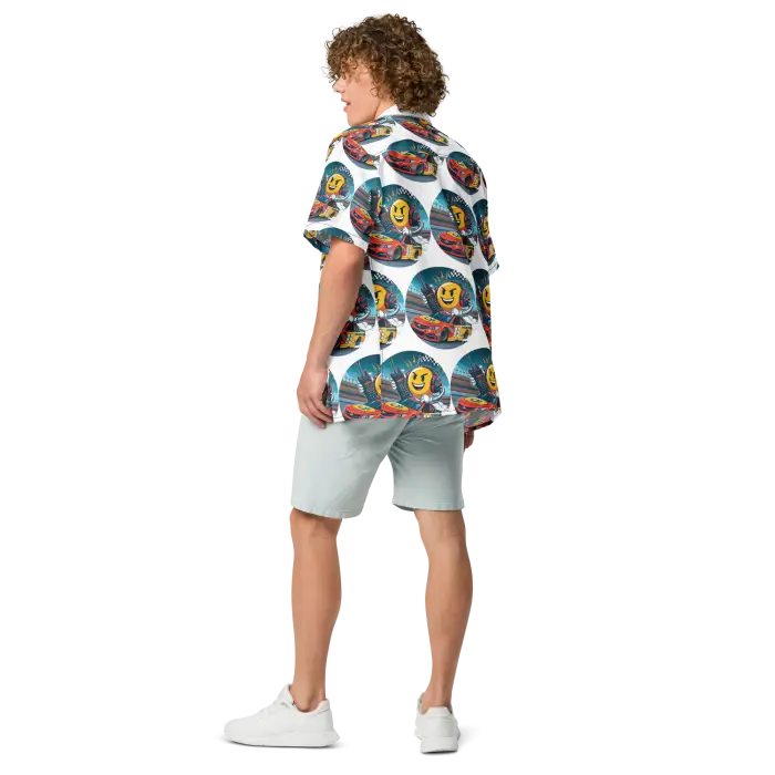 Man in patterned shirt and shorts.