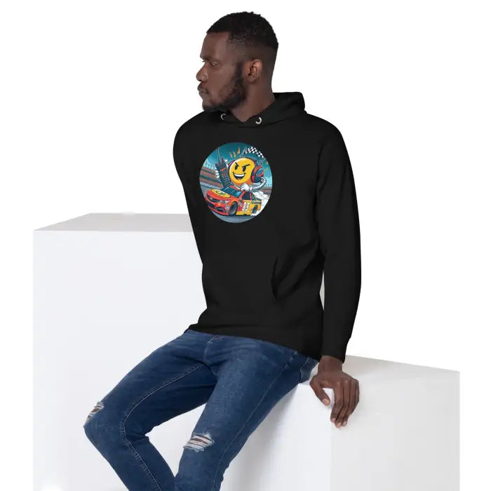 Black hoodie with racing graphic.