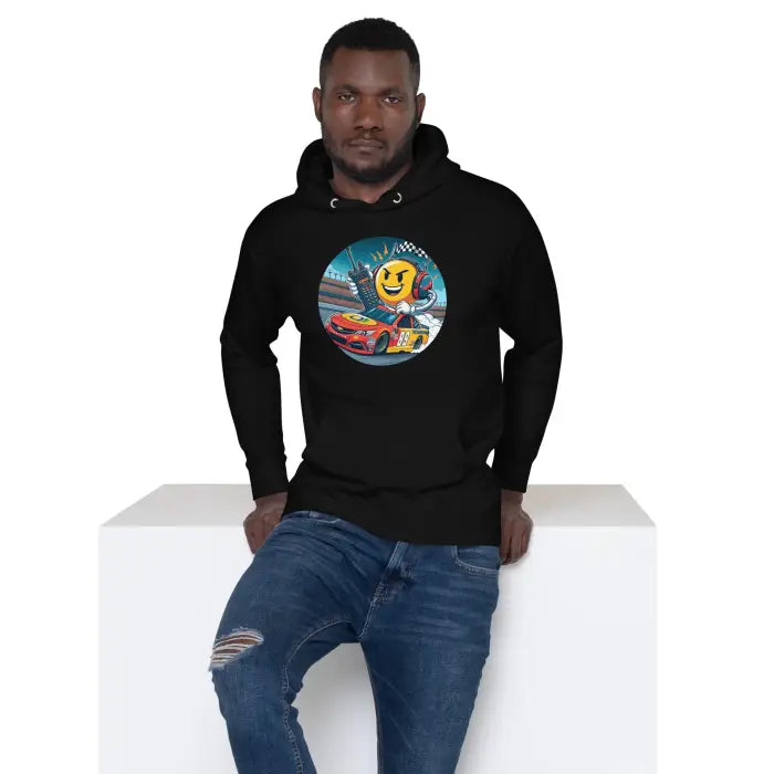 Black hoodie with racing graphic.
