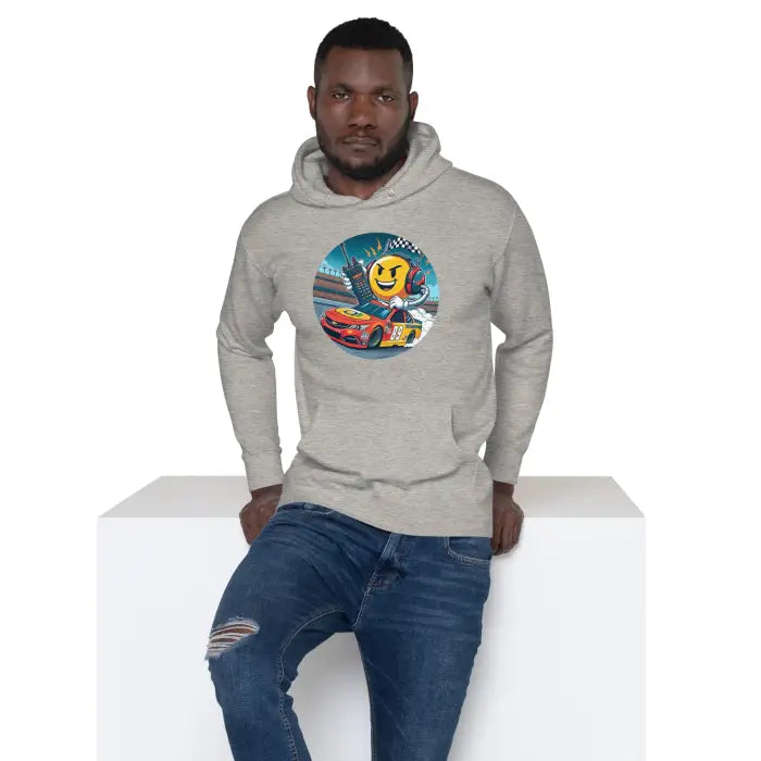 Man wearing a graphic hoodie.