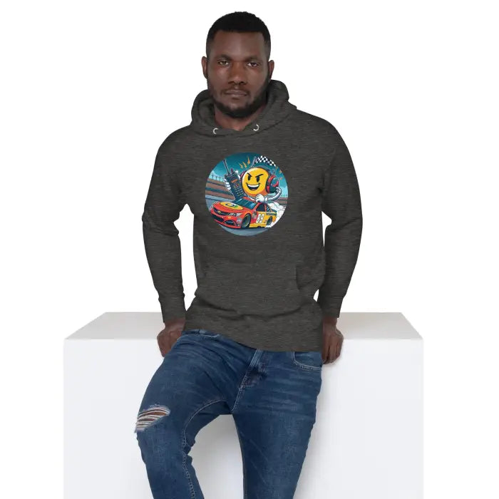 Dark gray hoodie with racing graphic.