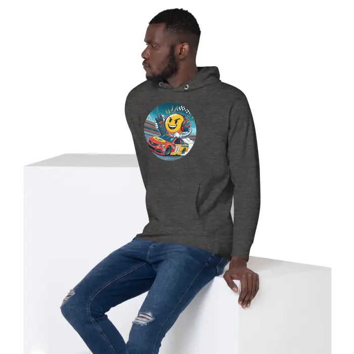 Gray hoodie with racing graphic.