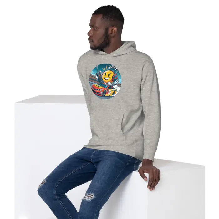 Man wearing graphic hoodie.