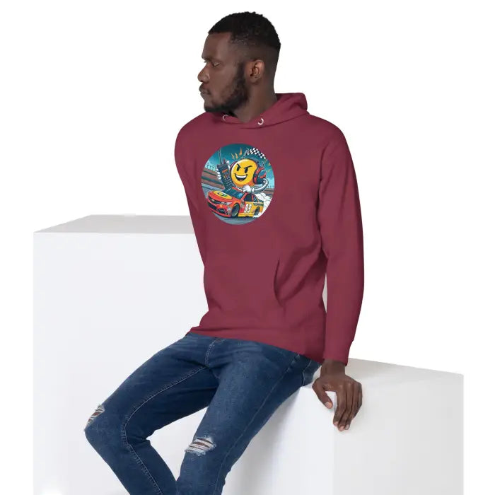 Maroon hoodie with graphic.