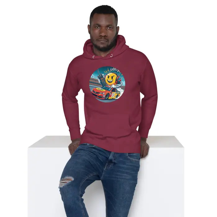 Maroon hoodie with racing graphic.