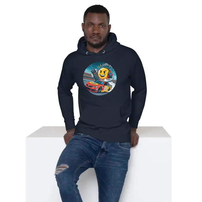 Man wearing a graphic hoodie.