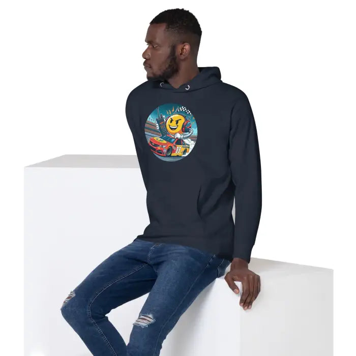 Navy hoodie with racing graphic.