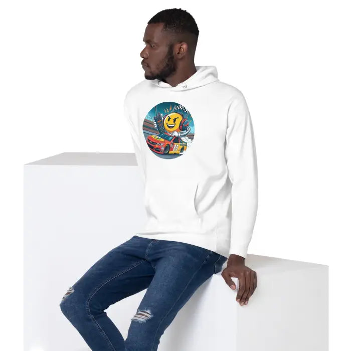 White hoodie with racing graphic.