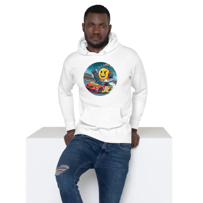 White hoodie with racing graphic.