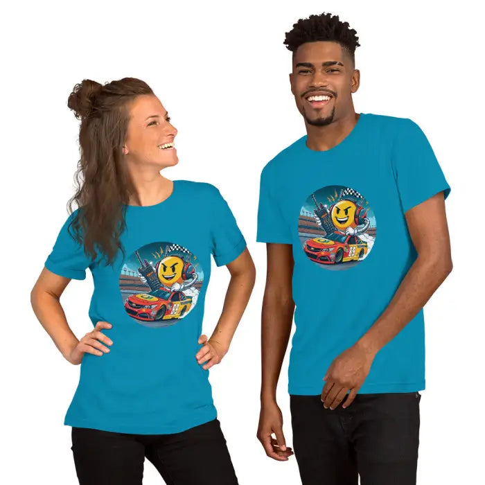 Matching turquoise t-shirts with race car emoji design.