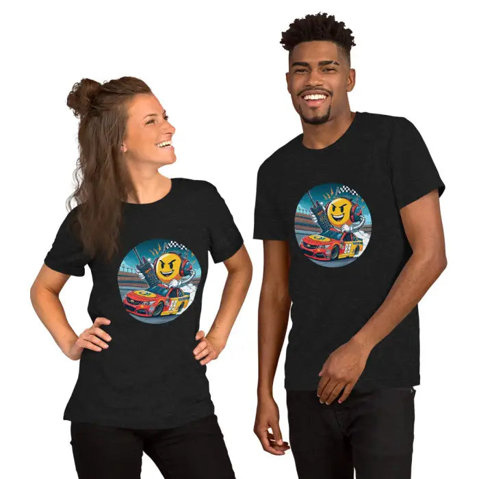 Matching black t-shirts with racing emoji design.