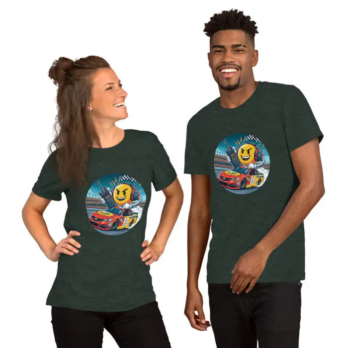 Matching dark green t-shirts.