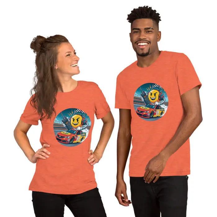 Matching orange t-shirts with racing-themed graphic.