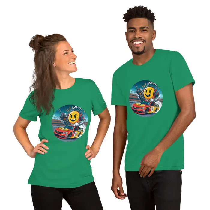 Matching green t-shirts.