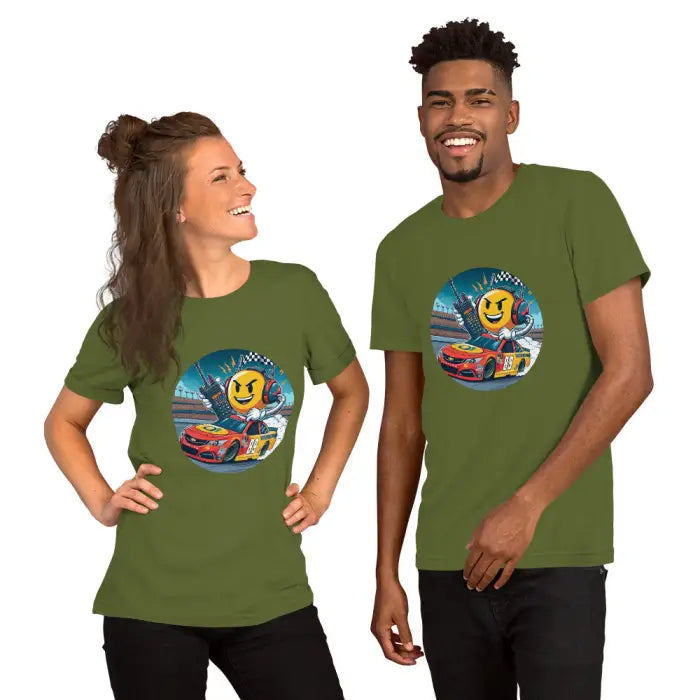 Matching olive green t-shirts.