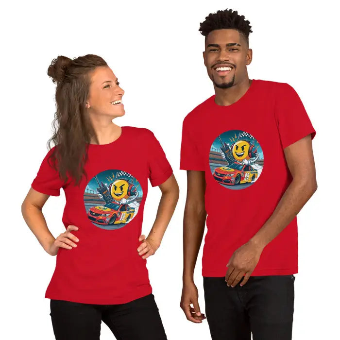 Matching red t-shirts.