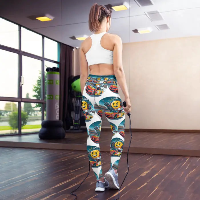 Woman wearing patterned leggings.
