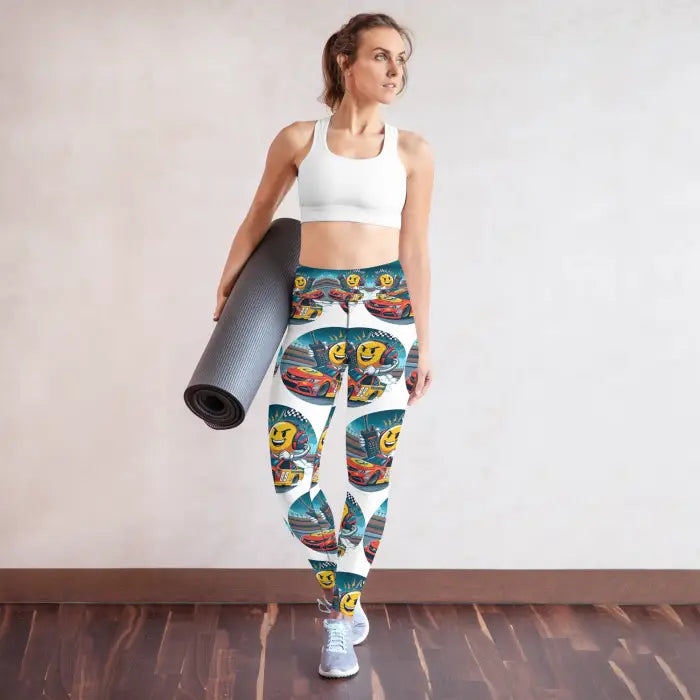 Woman wearing patterned leggings.