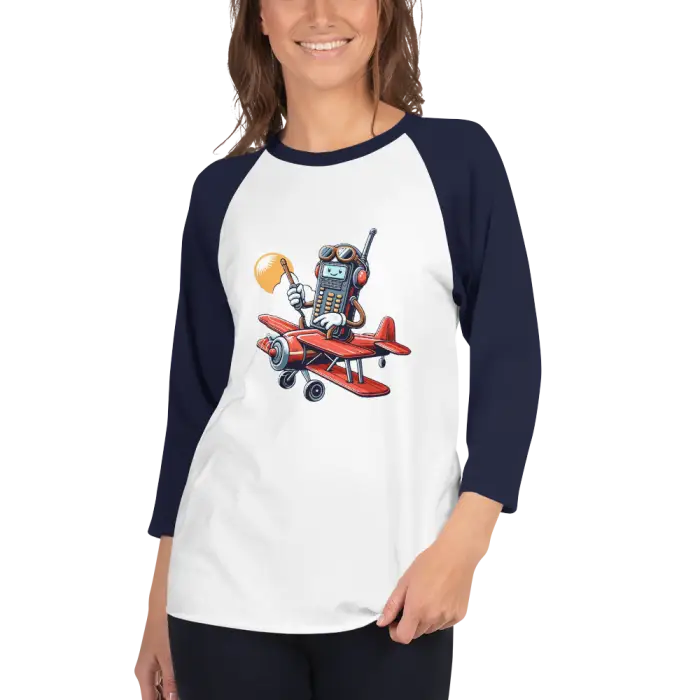 White and navy raglan shirt with cartoon airplane graphic.