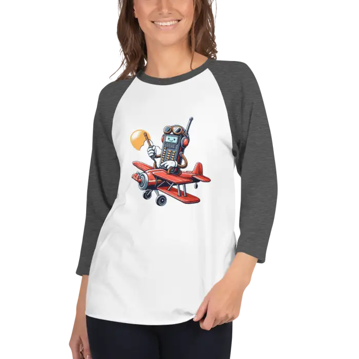 Raglan shirt with cartoon airplane graphic.