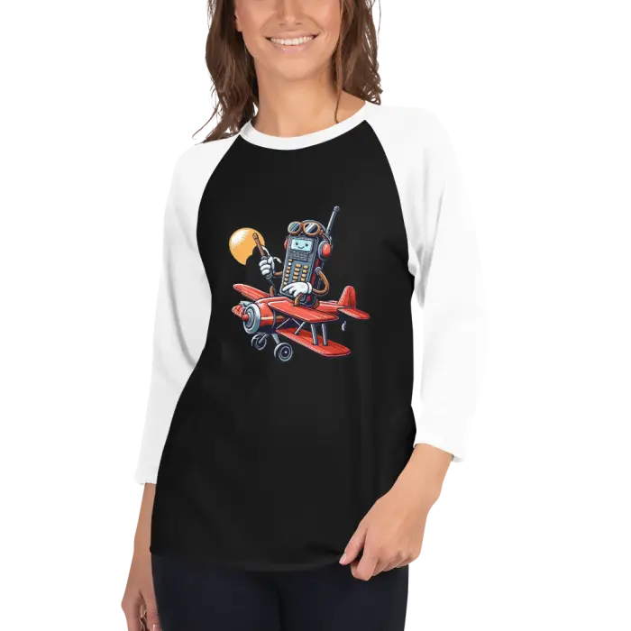 Black and white raglan shirt with cartoon airplane graphic.
