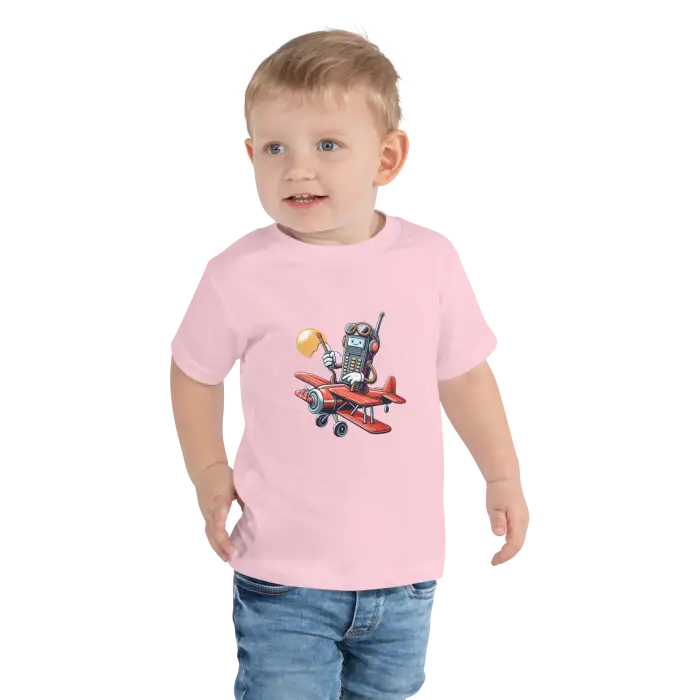 Child’s pink t-shirt with cartoon airplane design.