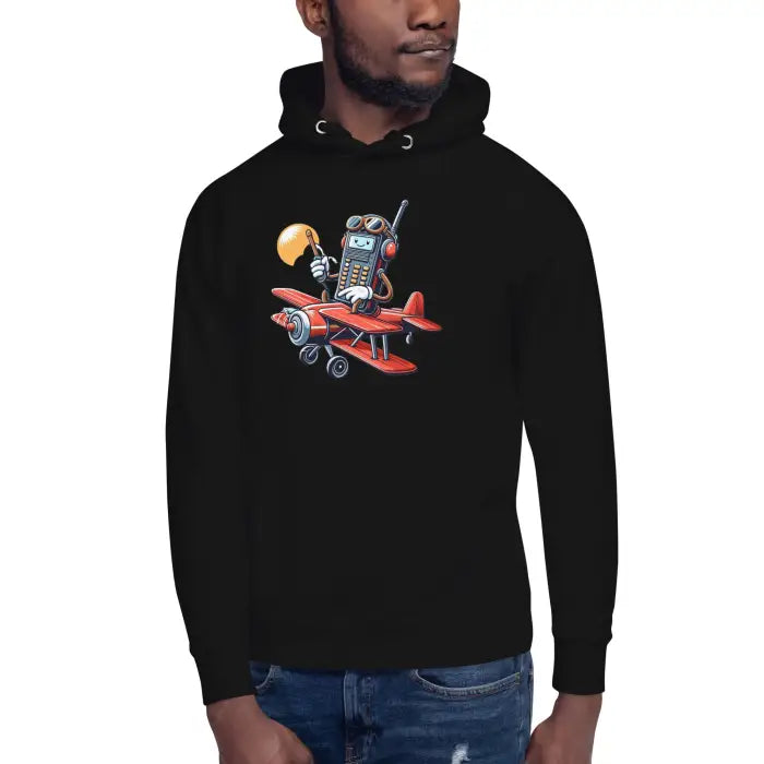 Black hoodie with cartoon graphic.