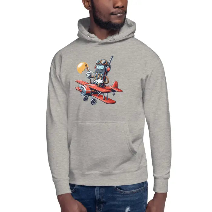 Gray hoodie with cartoon airplane graphic.