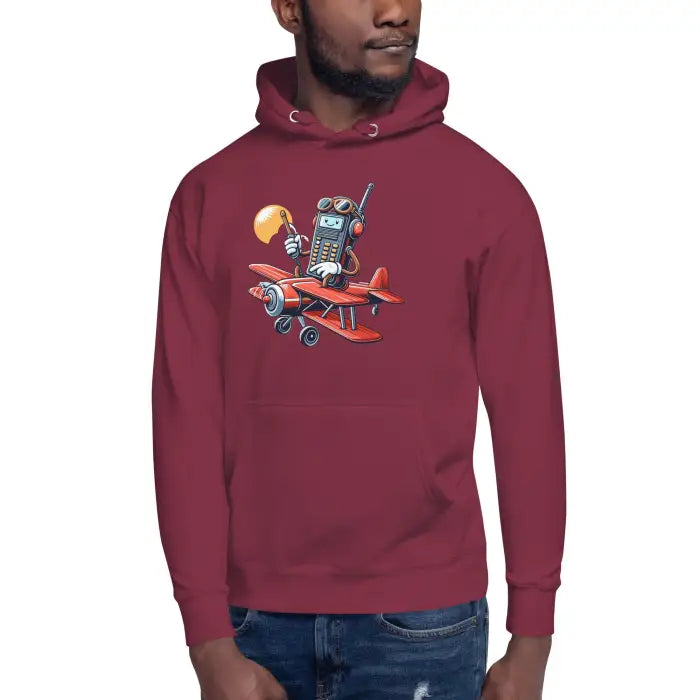 Maroon hoodie with cartoon airplane graphic.