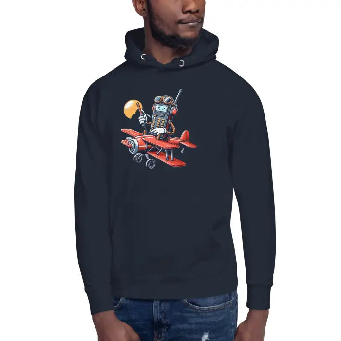 Navy blue hoodie with cartoon graphic.