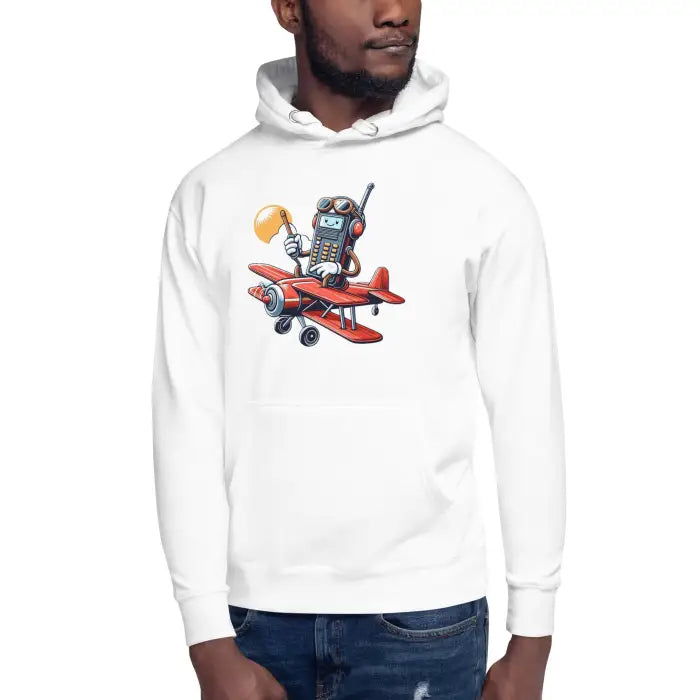 White hoodie with cartoon airplane graphic.