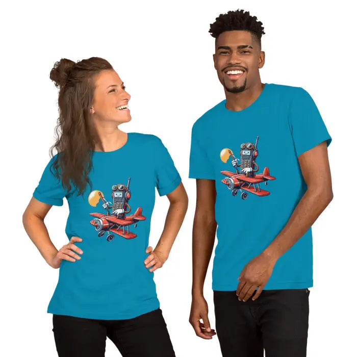 Matching turquoise t-shirts.