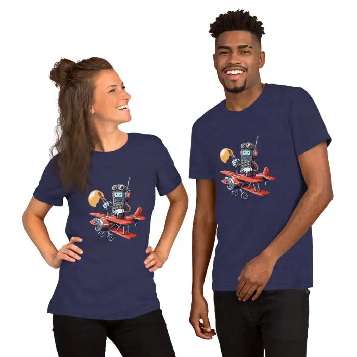 Two people wearing matching t-shirts.