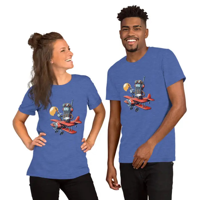 Two blue t-shirts with cartoon airplane design.