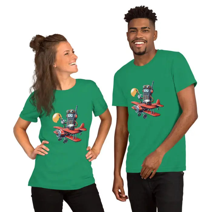 Two green t-shirts with robot airplane design.
