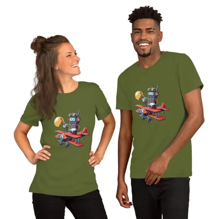 Matching olive green t-shirts.
