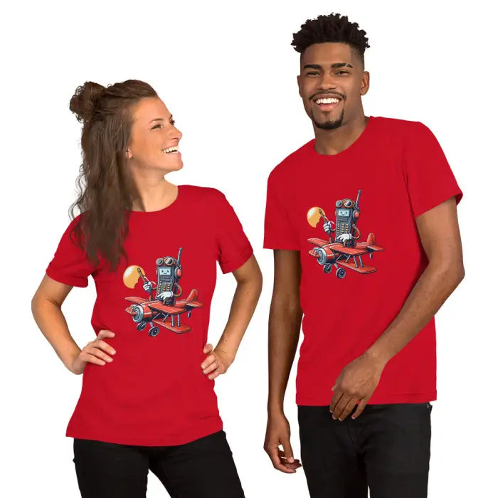 Matching red t-shirts.