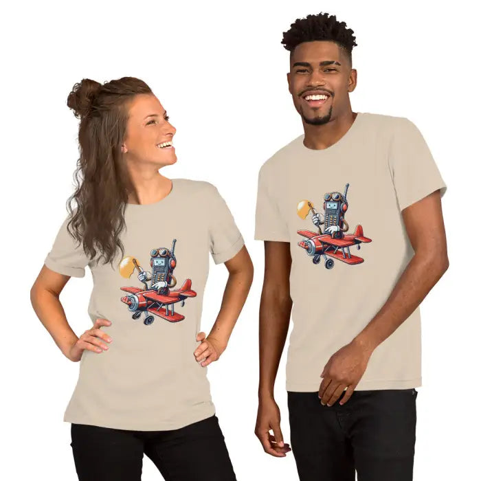 Two people wearing t-shirts with a robot on an airplane.