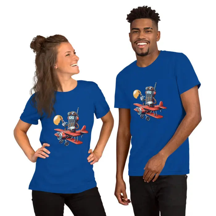 Matching blue t-shirts.