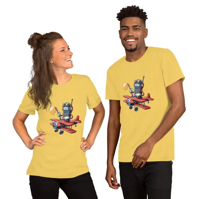 Two yellow t-shirts with a robot on a red airplane.