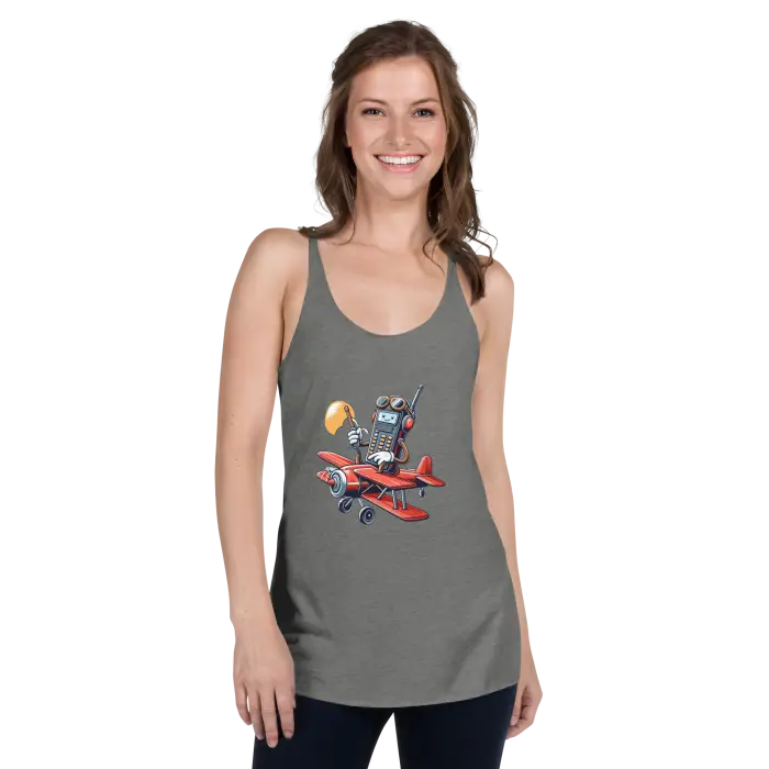 Gray tank top with cartoon airplane.